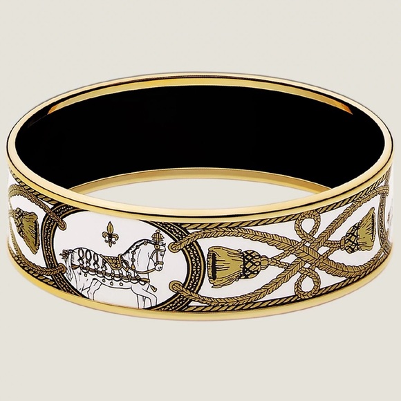 HERMES Black/White and 18k plated enamel bangle. - Picture 5 of 8